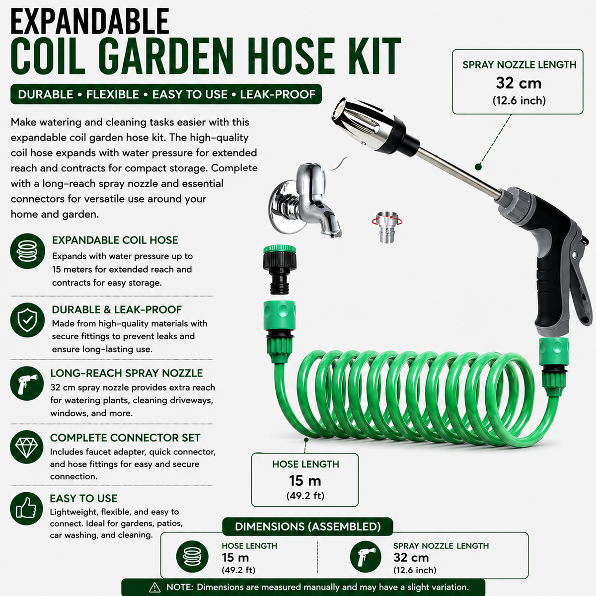 Telescopic Garden Spring Water Hose 15m EVA Flexible Coil Hose with Adjustable Spray Gun