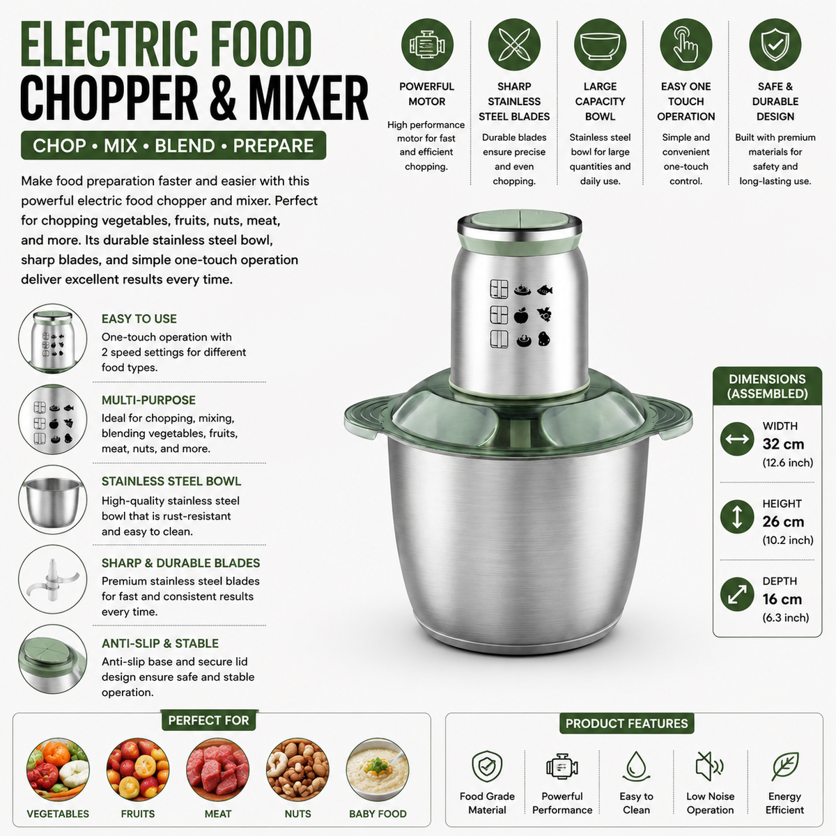 Electric Meat Grinder 5L 1000W Stainless Steel Food Processor - Green