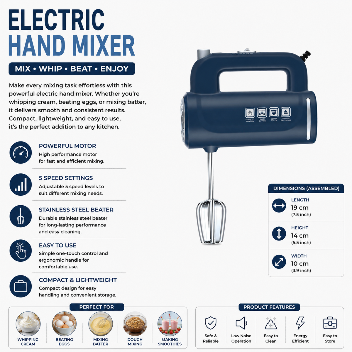 Electric Hand Mixer 5 Speed Kitchen Blender with Turbo Mode and Beaters - Blue