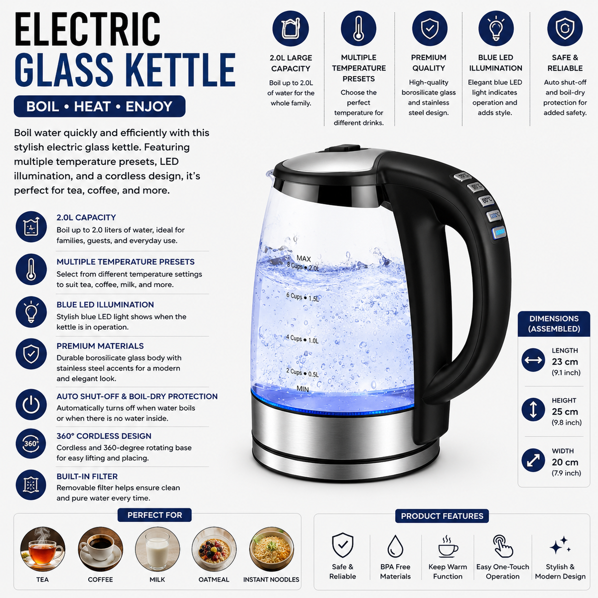 Electric Glass Kettle 2L 2200W Fast Boil with Temperature Control - Black