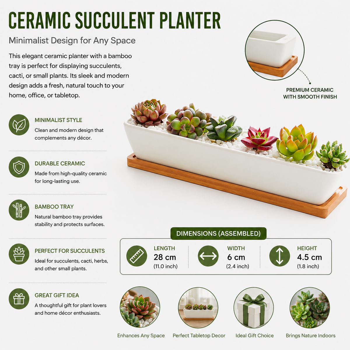 Long White Ceramic Succulent Planter with Bamboo Tray Rectangular Cactus Flower Pot for Desktop Decor