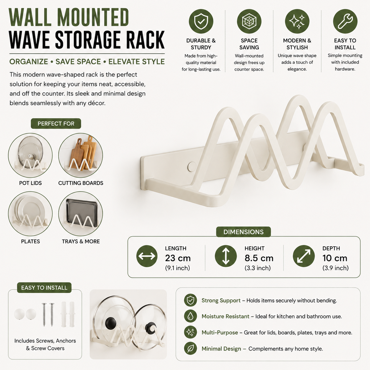 Wall Mounted Pot Lid Holder Kitchen Organizer Rack Double Slot Cutting Board Storage Rack No Drill - White