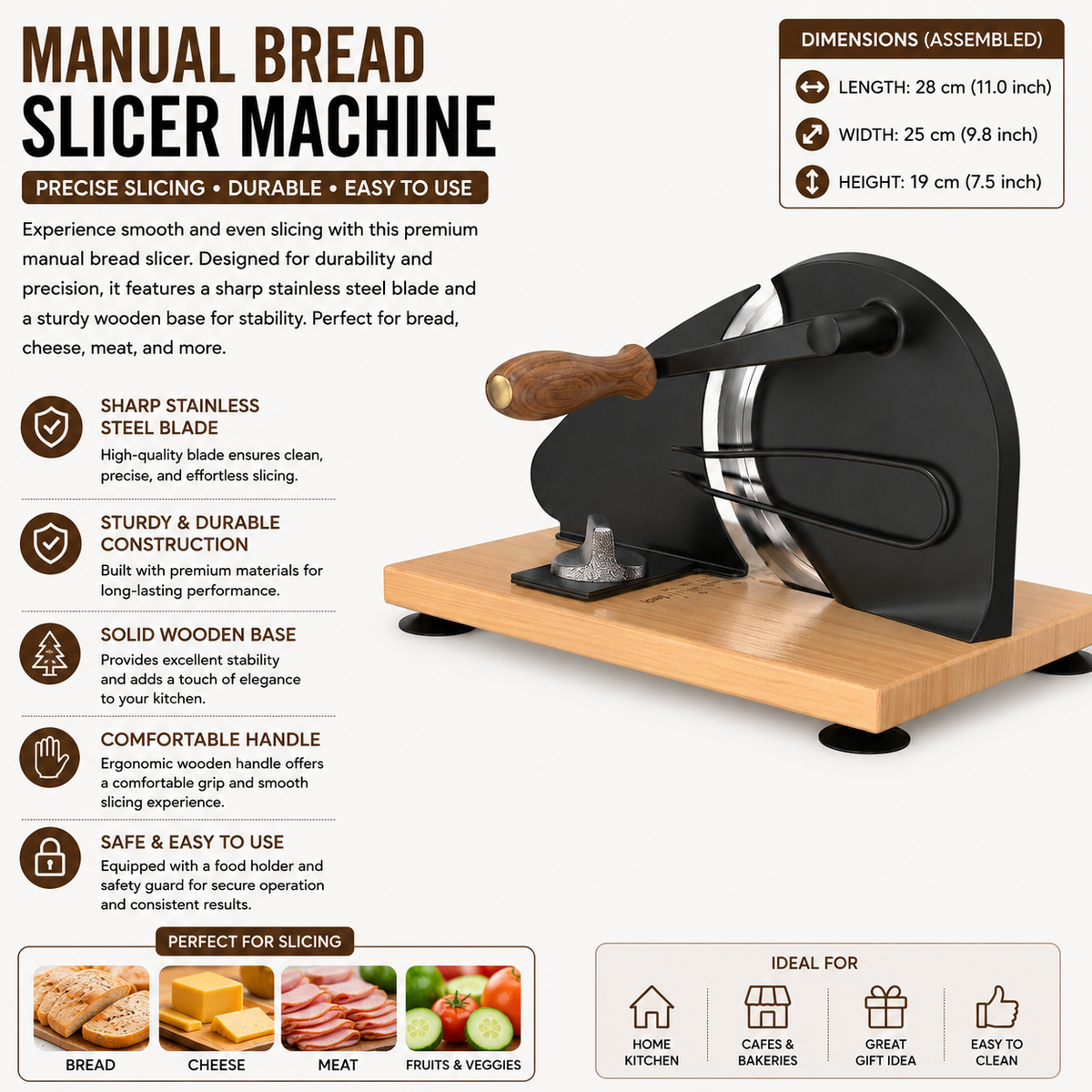 Bread Slicer Manual Adjustable 1–20mm Stainless Steel Blades Foldable Compact Kitchen - Beige