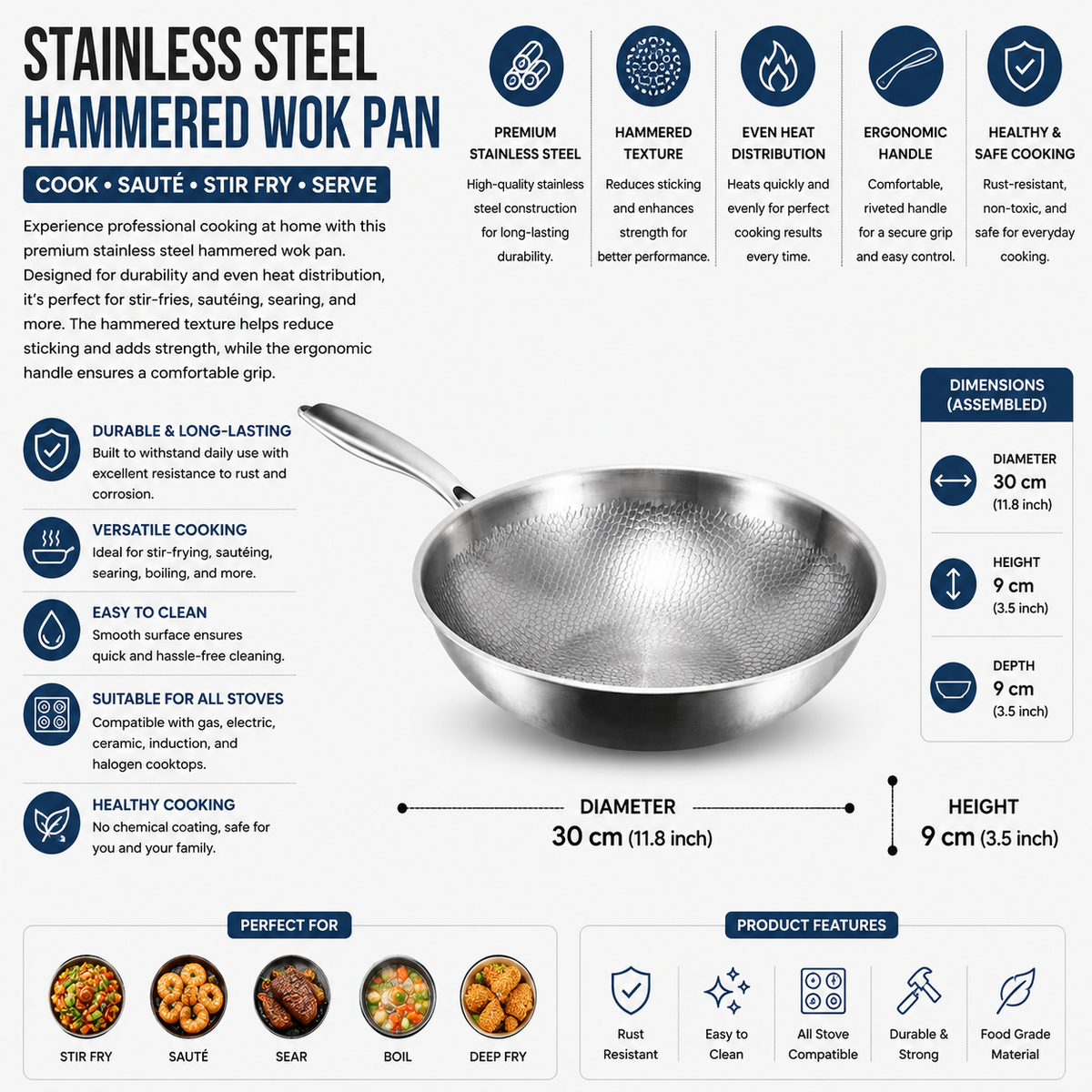 Titanium Wok Pan 30cm Flat Bottom Induction Compatible Cooking Pan with Lid