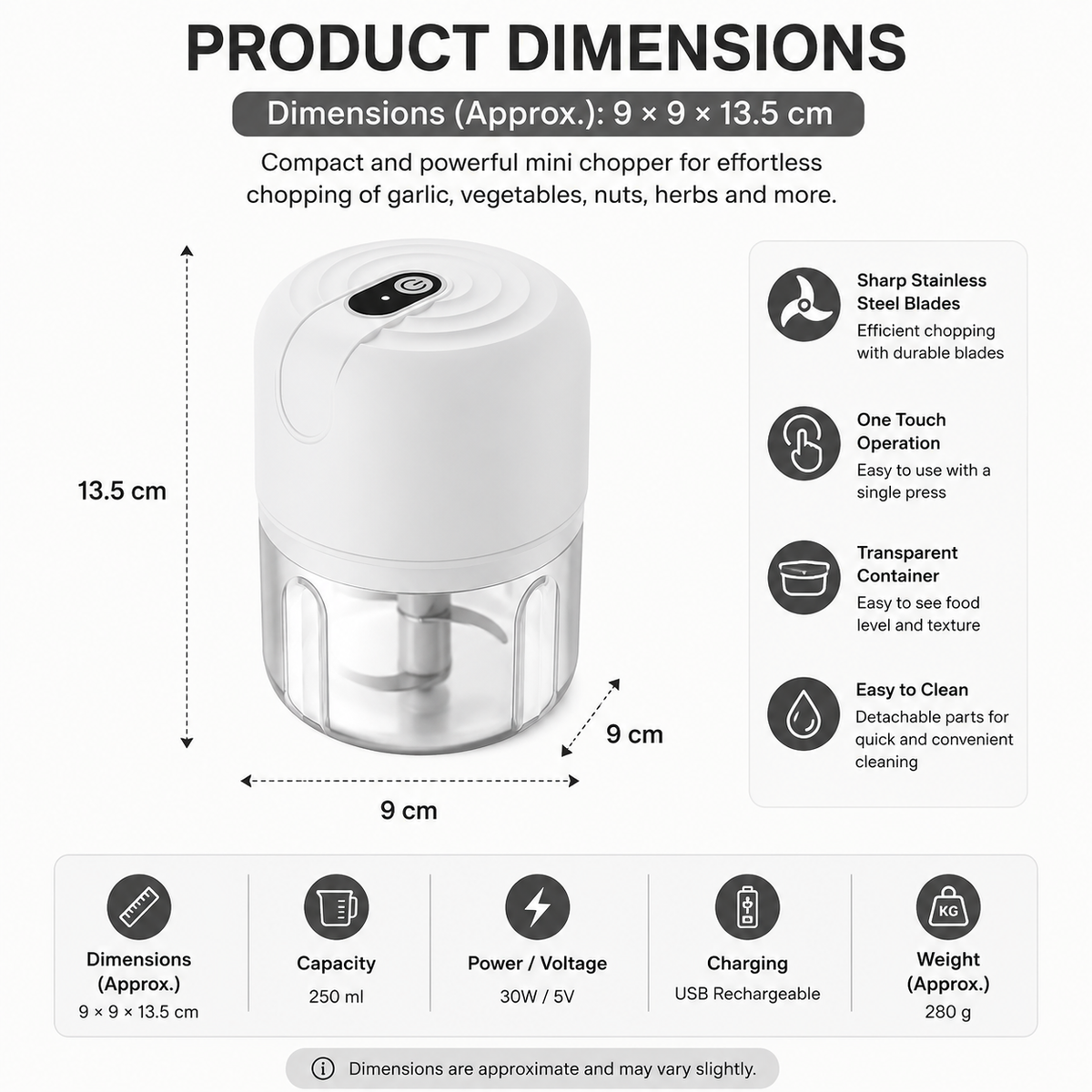 Electric Food Chopper 250mL USB Rechargeable Mini Garlic Meat Vegetable Grinder - Green