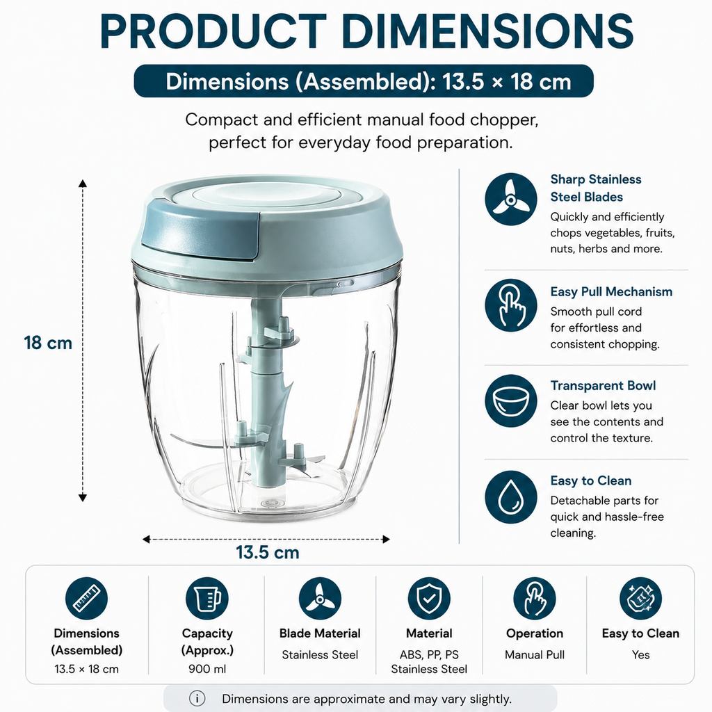 Manual Food Chopper 900mL Hand Pull Vegetable Garlic Onion Mincer with Stainless Steel Blades