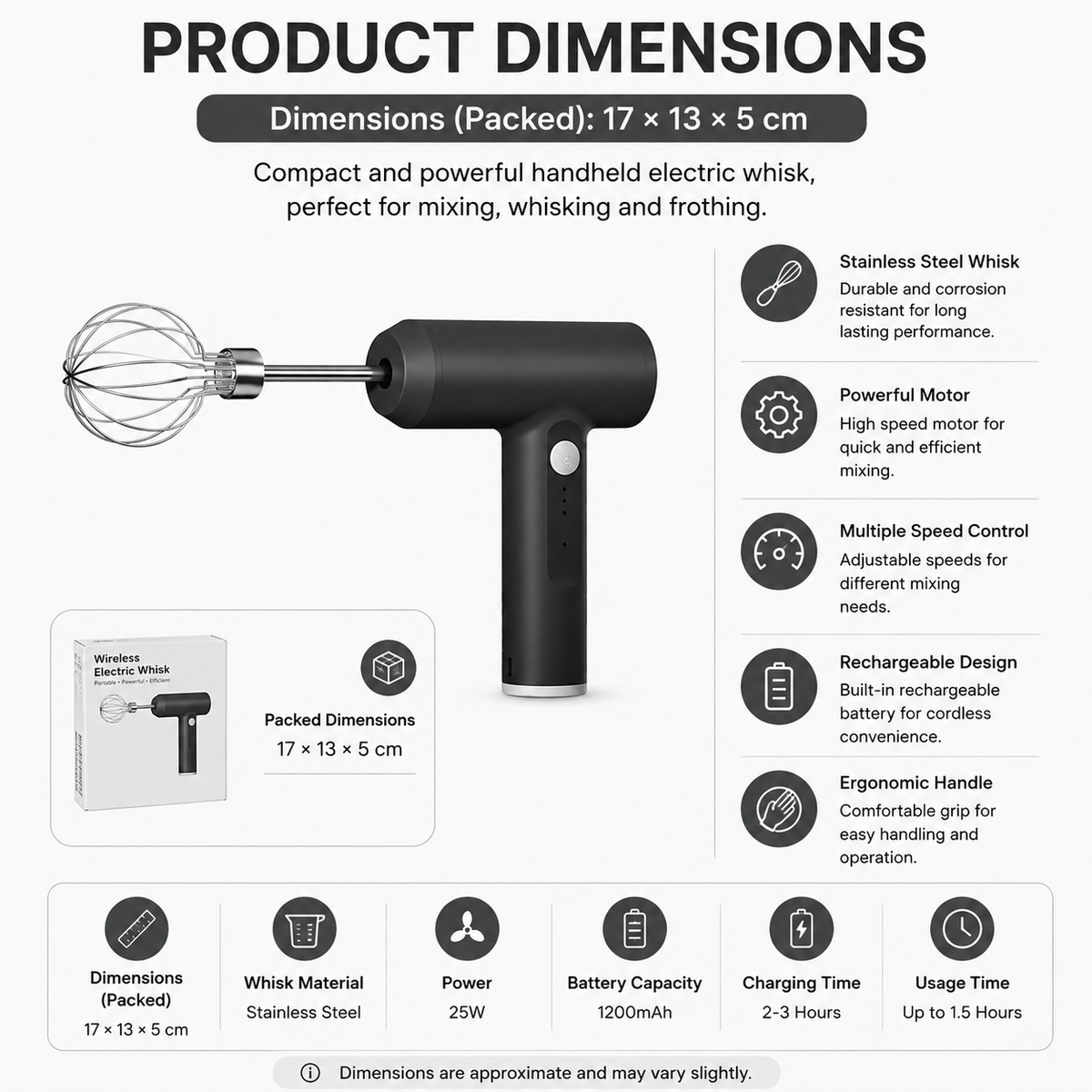 Electric Egg Beater USB Rechargeable 3 Speed Handheld Mixer with 2 Stainless Steel Whisks