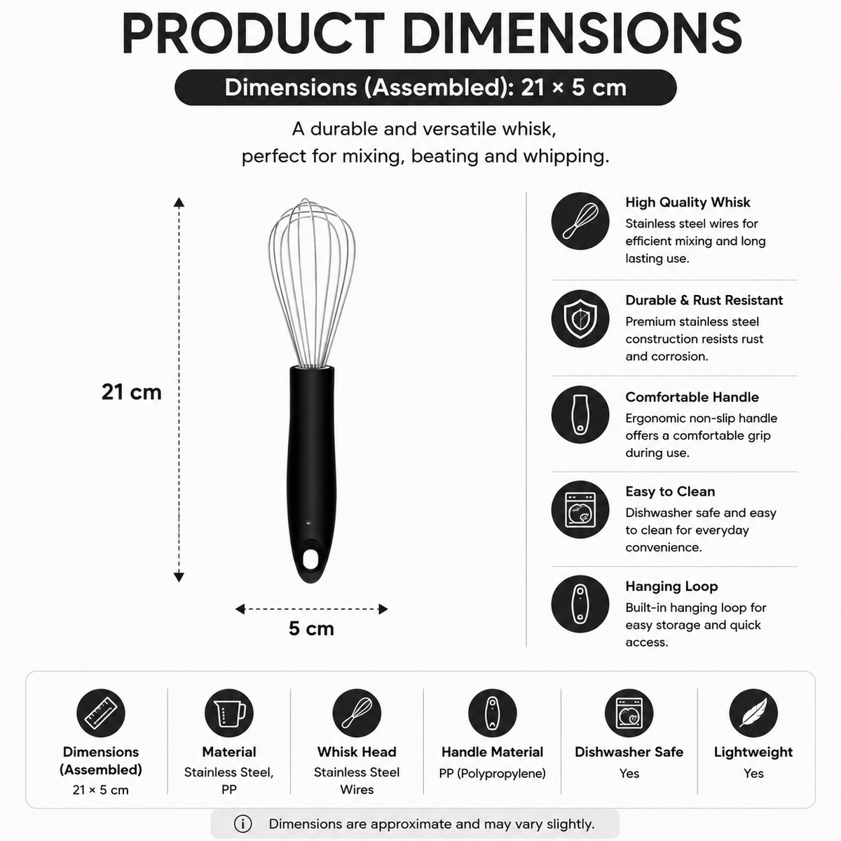 Hand Whisk 21cm Stainless Steel Wire Egg Beater Manual Balloon Mixer for Baking - Small