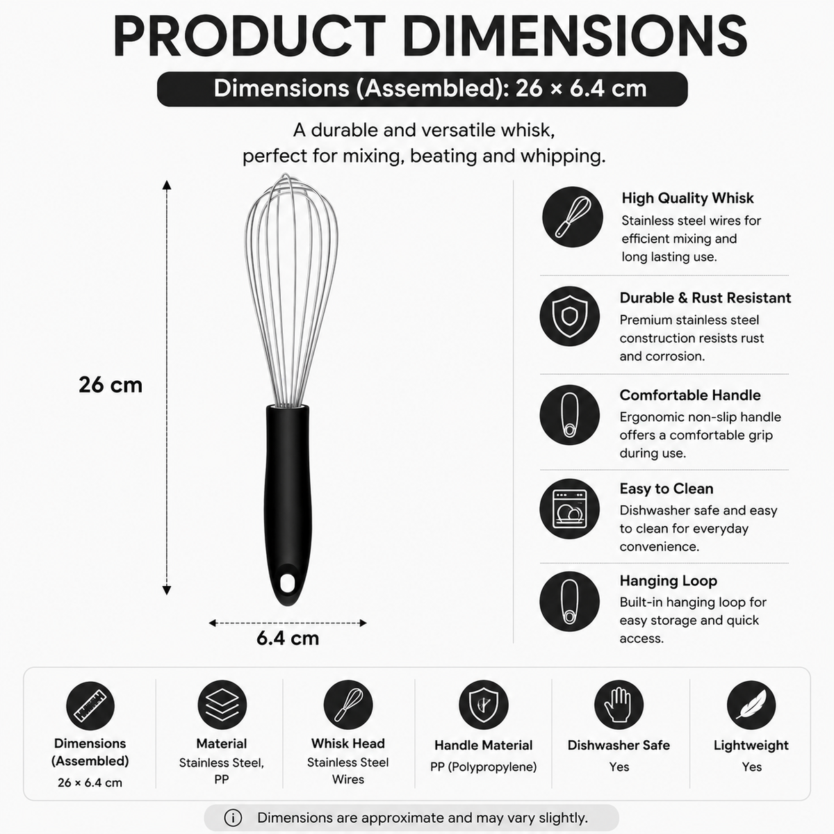 Hand Whisk 26cm Stainless Steel Wire Egg Beater Manual Balloon Mixer for Baking - Medium