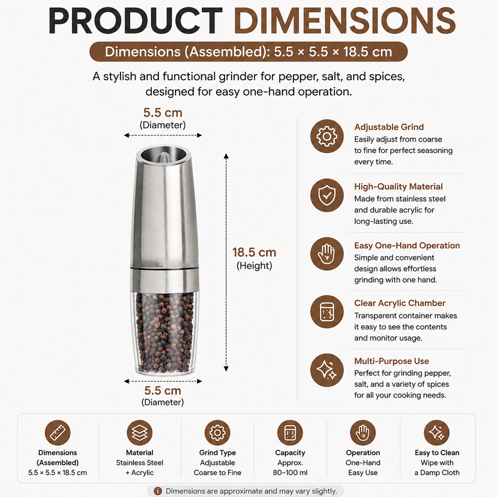 Spice Mill Electric Salt & Pepper Mill Adjustable One-Touch Seasoning Dispenser - Black