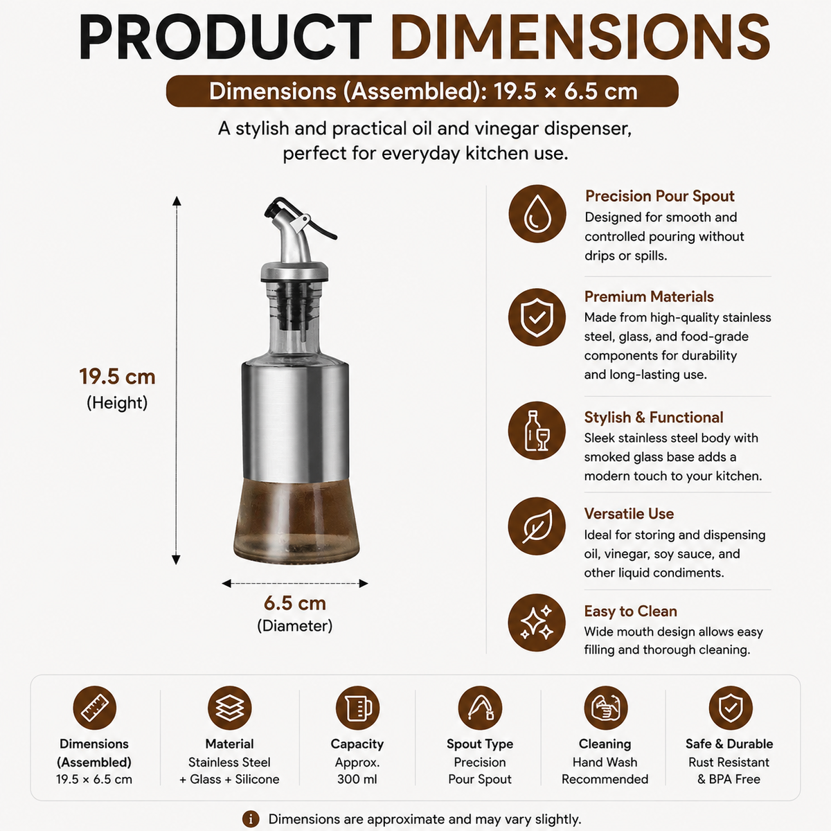 Oil & Vinegar Dispenser 150mL Stainless Steel Glass Precision Pour Bottle Leak Resistant
