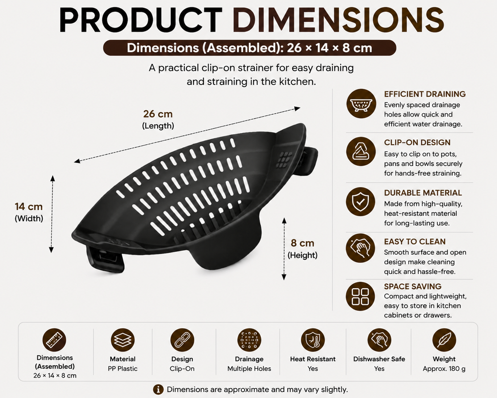 Kitchen Strainer Clip-On Silicone Colander for Pots Pans Bowls Space Saving Design - Black