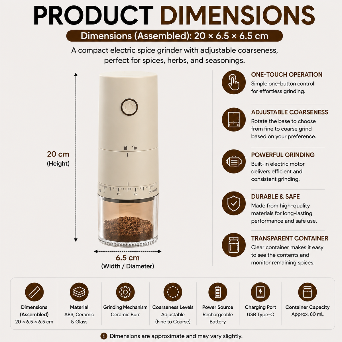 Coffee Bean Burr Mill 38 Level USB Rechargeable 2000mAh Electric Digital Display Portable - Beige