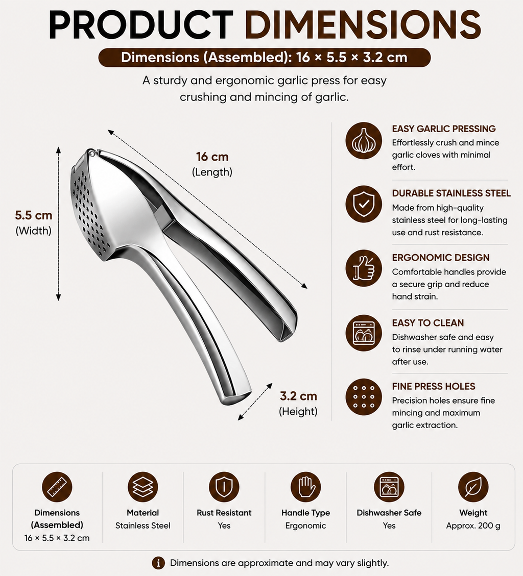 Garlic Press Zinc Alloy Manual Garlic Mincer Ergonomic Handle 180° Opening Kitchen Tool