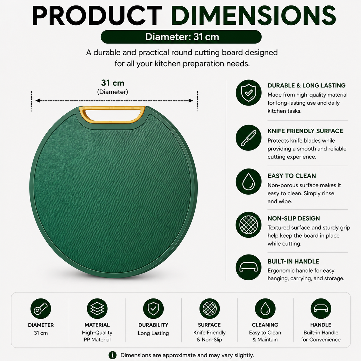 31cm Antibacterial Round Cutting Board BPA Free Non Slip Food Grade Chopping Board for Meat Vegetables and Fruit