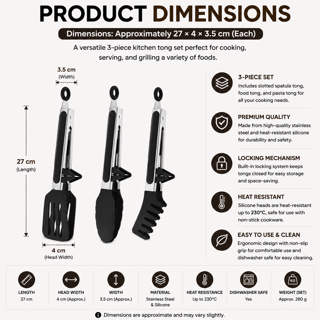 Food Tongs Stainless Steel Silicone Nylon Non Slip Cooking Serving BBQ Salad Clip - Black