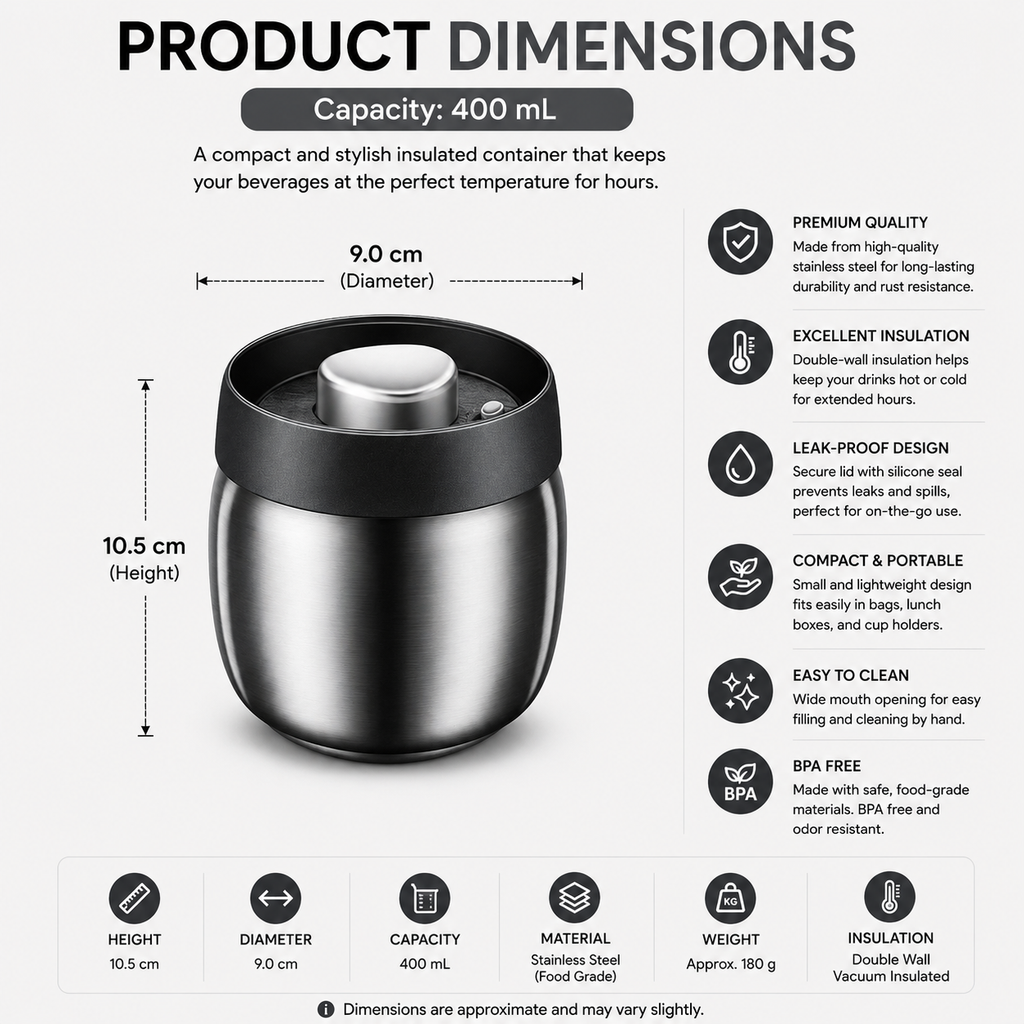 Food Storage Jar 400mL Airtight Vacuum Sealed 304 Stainless Steel Moisture Resistant Container