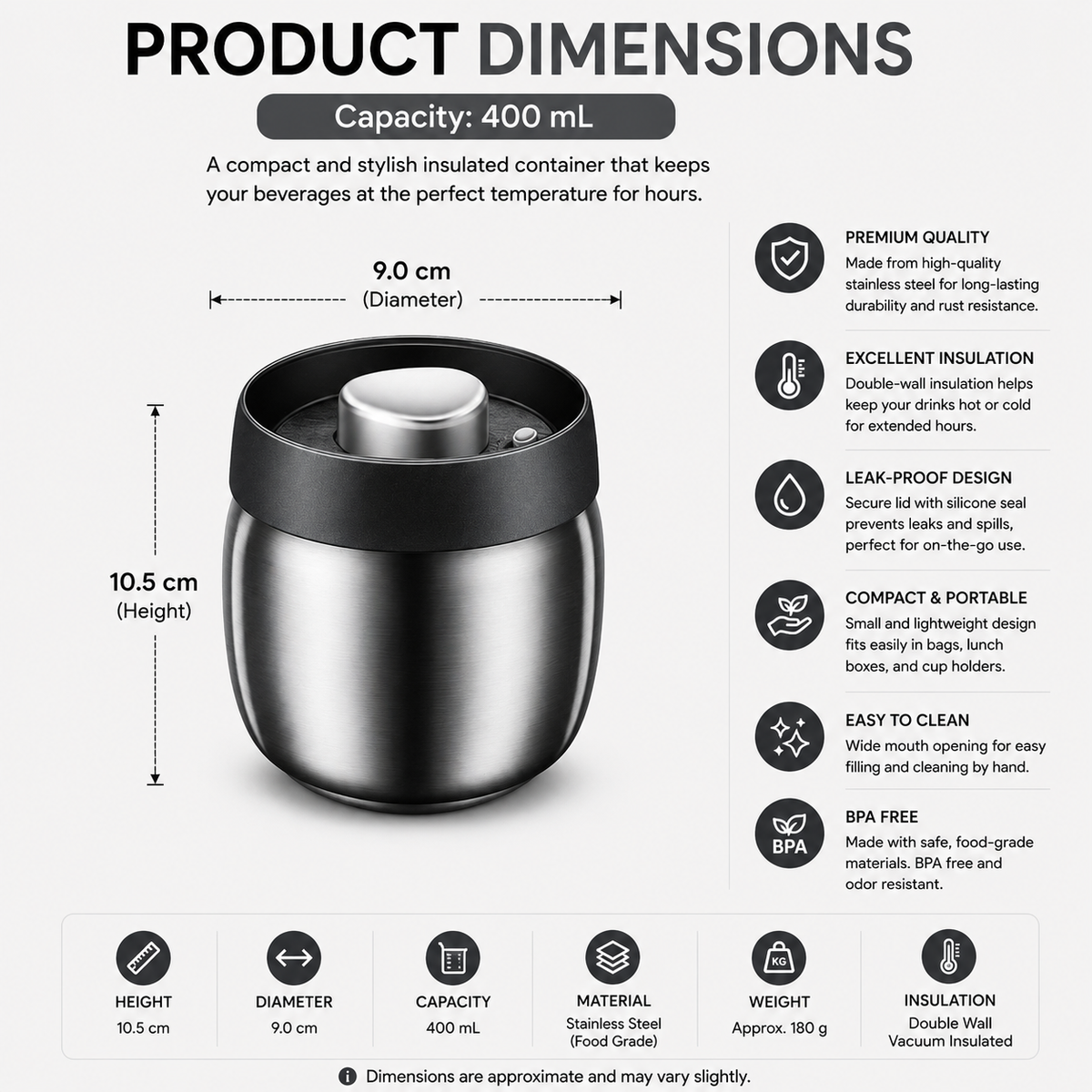 Food Storage Jar 400mL Airtight Vacuum Sealed 304 Stainless Steel Moisture Resistant Container