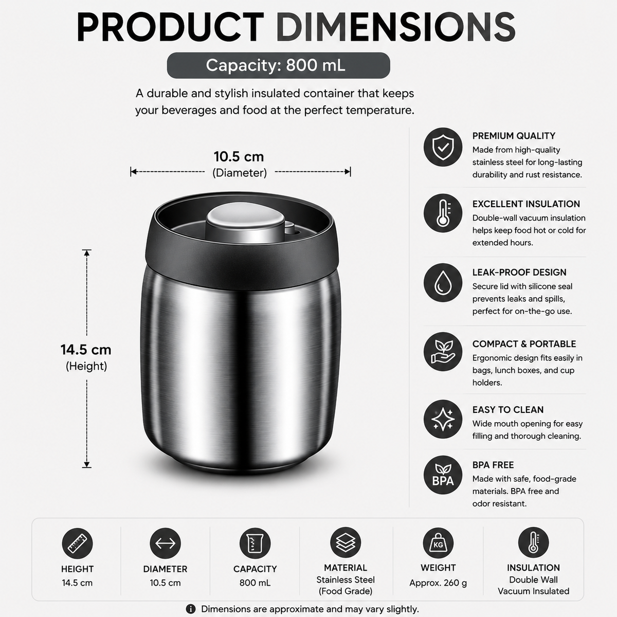Food Storage Jar 800mL Airtight Vacuum Sealed 304 Stainless Steel Moisture Resistant Container