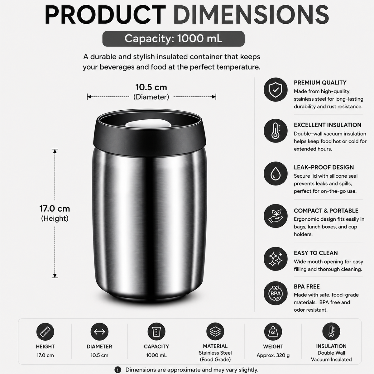 Food Storage Jar 1000mL Airtight Vacuum Sealed 304 Stainless Steel Moisture Resistant Container