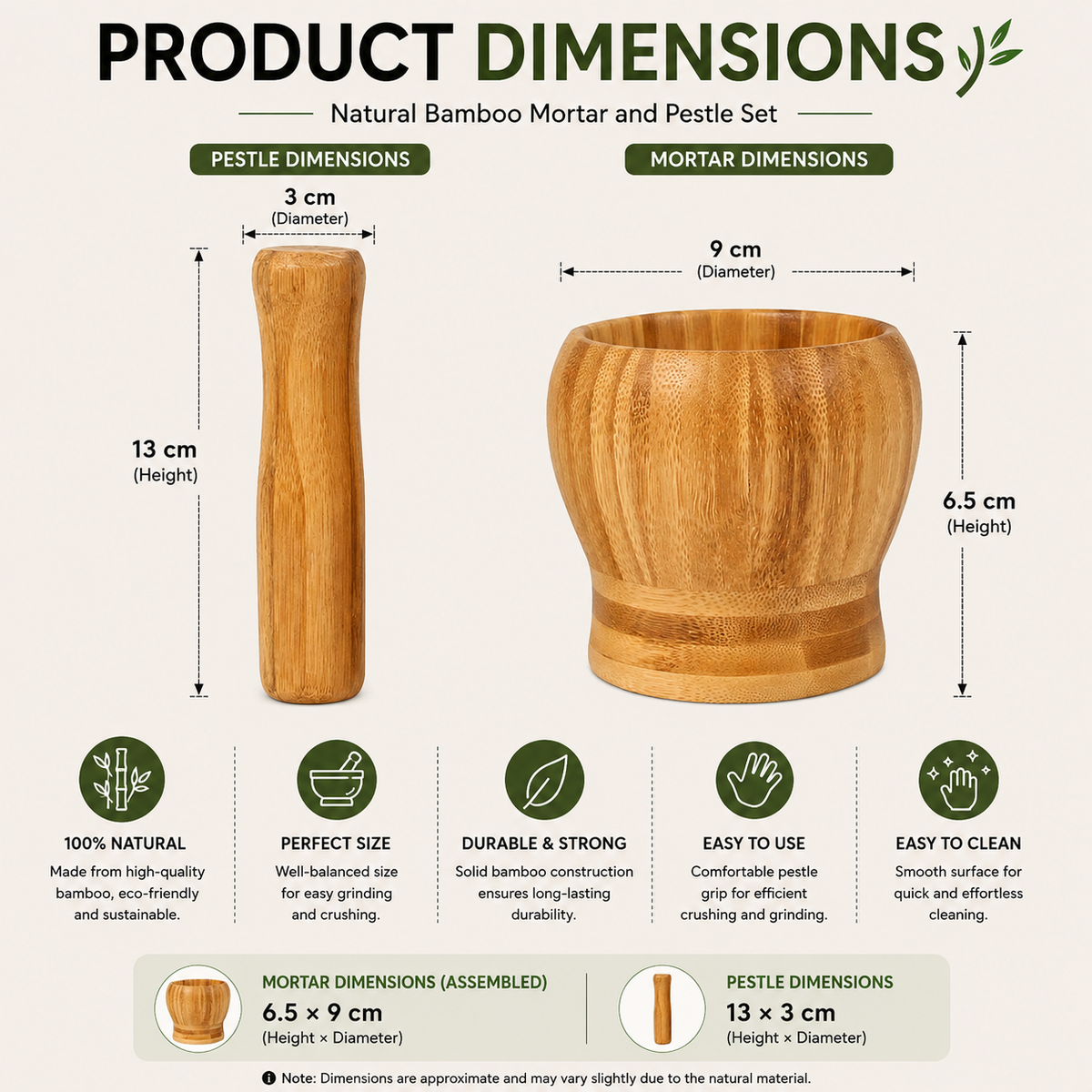 Mortar and Pestle 6.5cm Bamboo Herb Spice Mill Garlic Masher Kitchen Preparation Tool