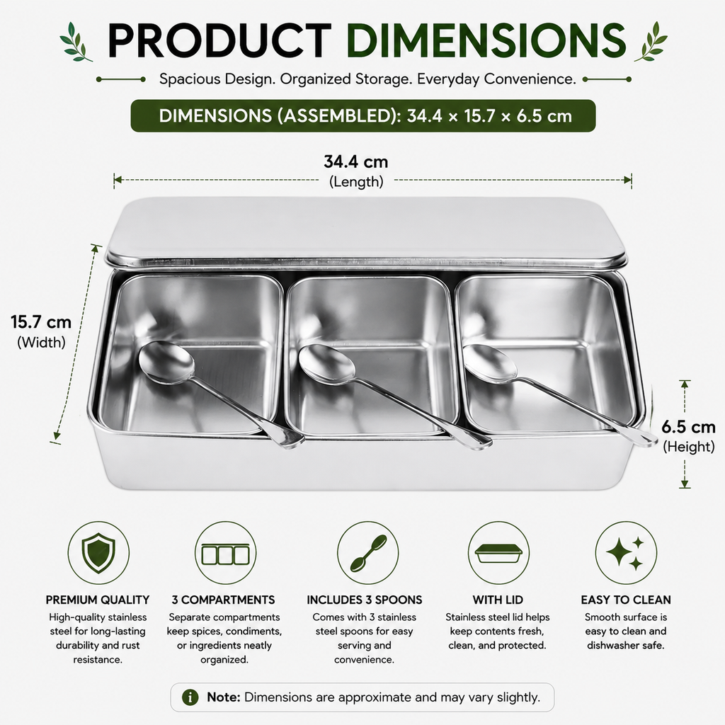 Seasoning Box 3 Grid 630mL Stainless Steel Spice Storage Container Set with Lid and Spoons - Silver