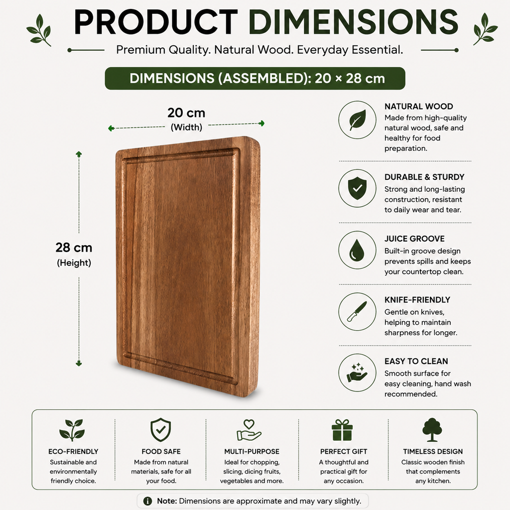 Cutting Board 20cm Wooden Kitchen Chopping Block Juice Groove Durable Food Preparation Board