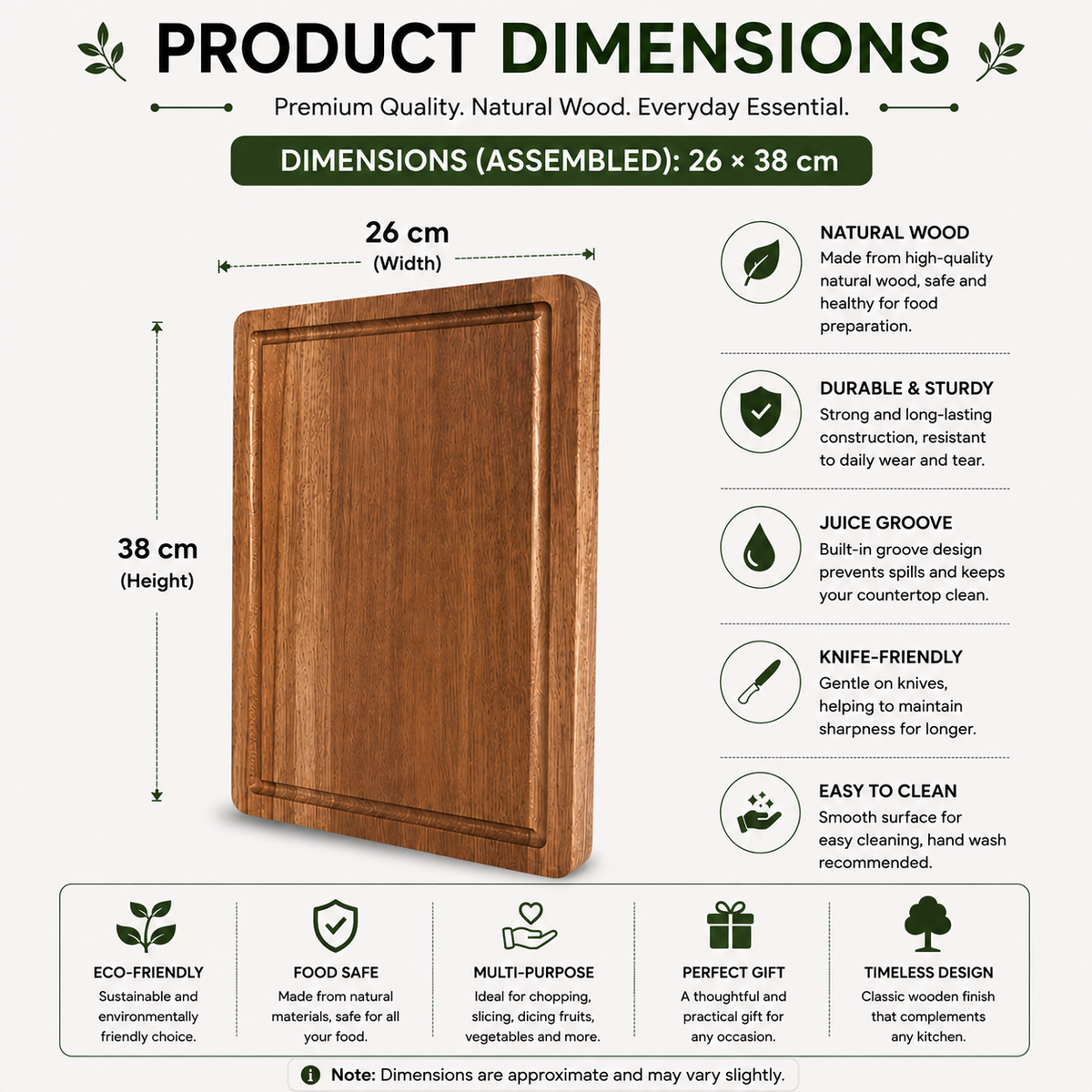 Cutting Board 26cm Wooden Kitchen Chopping Block Juice Groove Durable Food Preparation Board