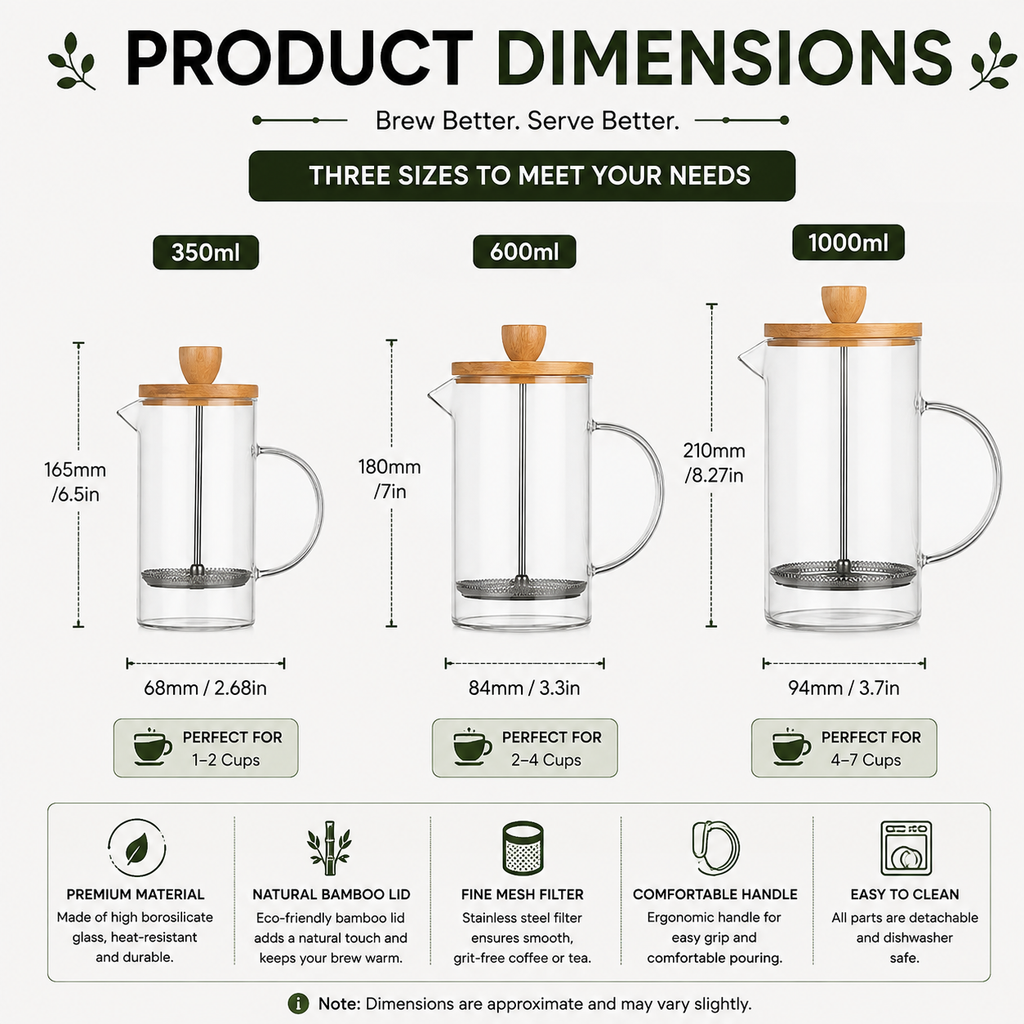French Press Coffee Maker 600ml Borosilicate Glass Coffee and Tea Press with Bamboo Lid