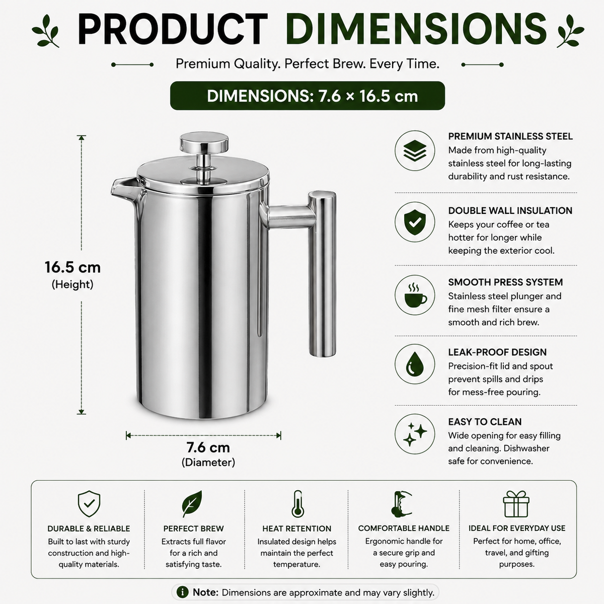 French Press Coffee Maker 350ml Double Wall Stainless Steel Coffee and Tea Press with Triple Filtration - Black