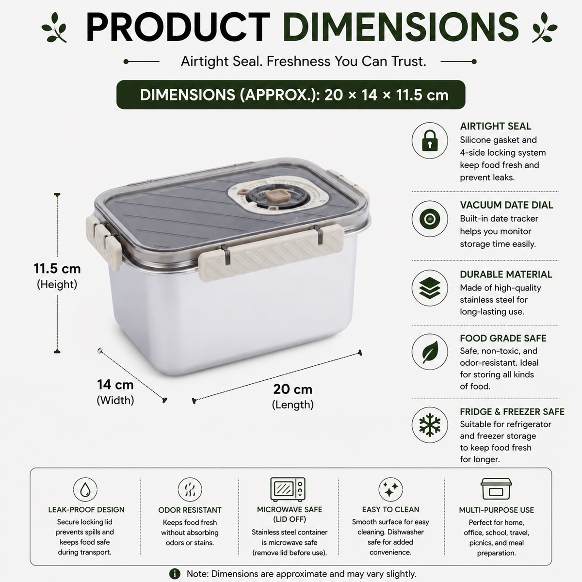 Food Storage Container 2200mL 304 Stainless Steel Airtight Lockable Lunch Bowl