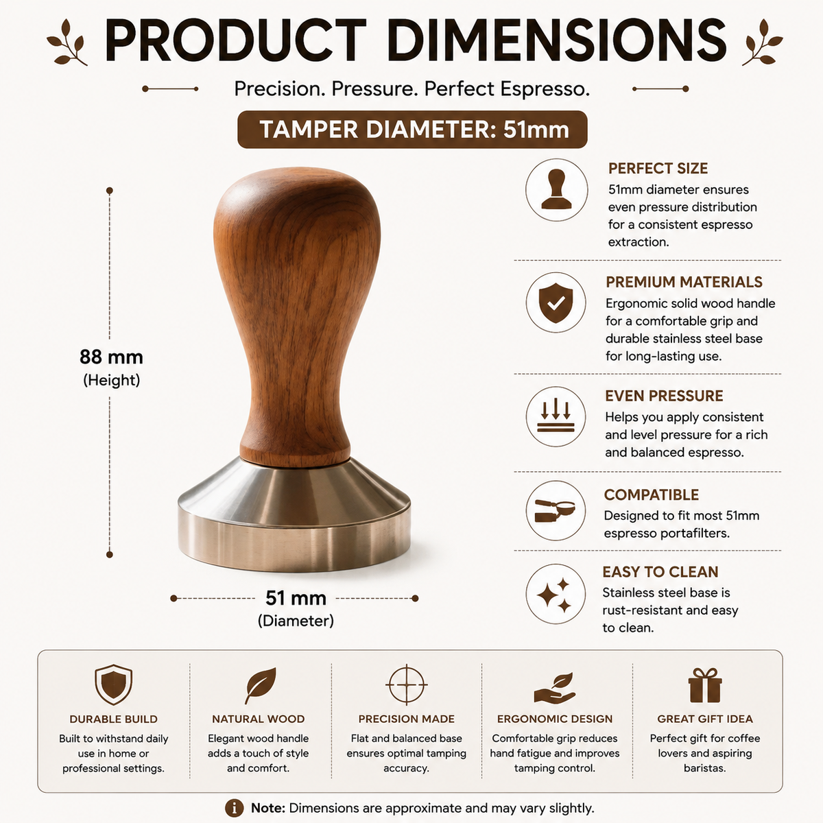 Coffee Tamper 51mm Espresso Press with Solid Wood Handle and 304 Stainless Steel Base