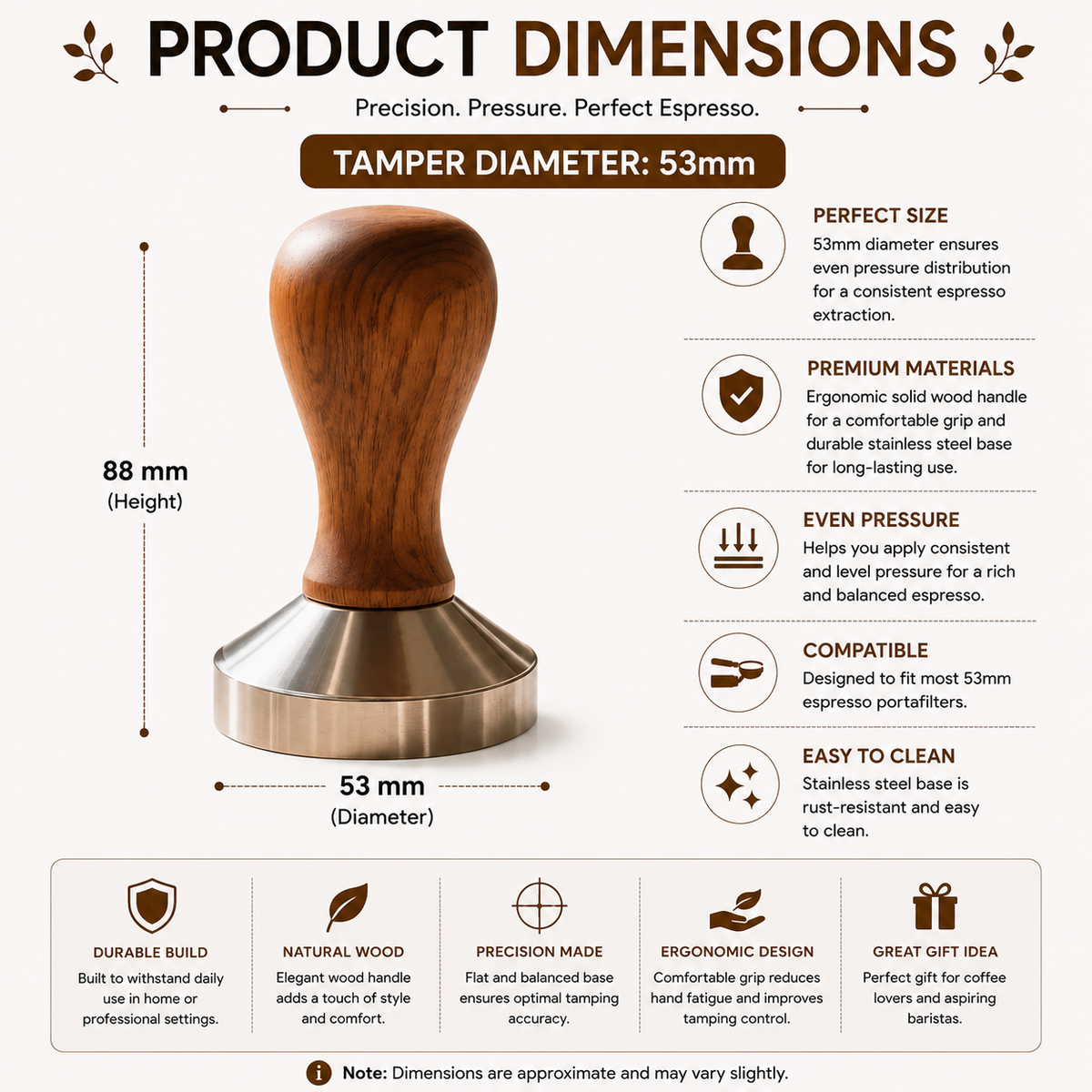 Coffee Tamper 53mm Espresso Press with Solid Wood Handle and 304 Stainless Steel Base