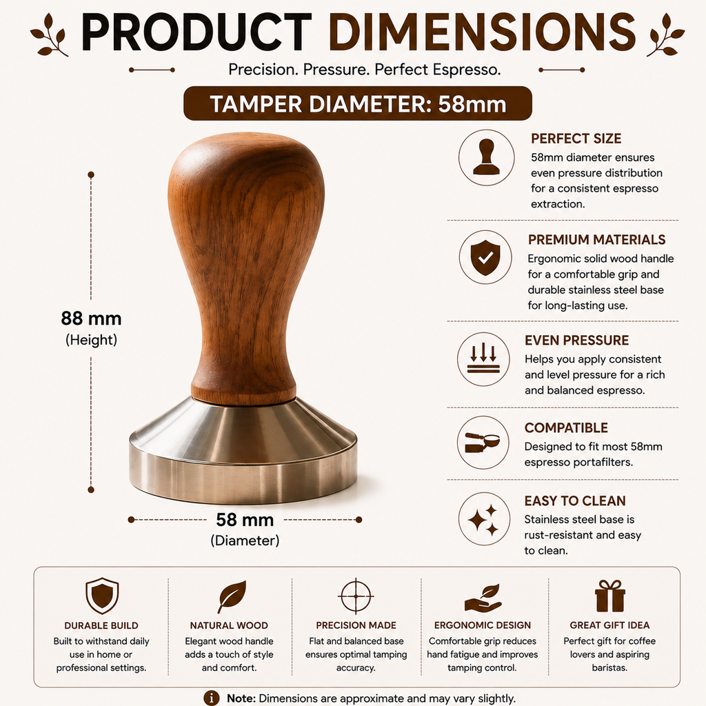 Coffee Tamper 58mm Espresso Press with Solid Wood Handle and 304 Stainless Steel Base