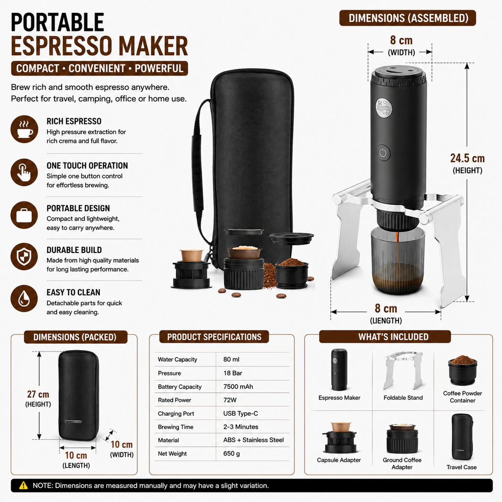 Portable Espresso Coffee Maker 3 in 1 Wireless Heating Capsule Powder Machine - Black