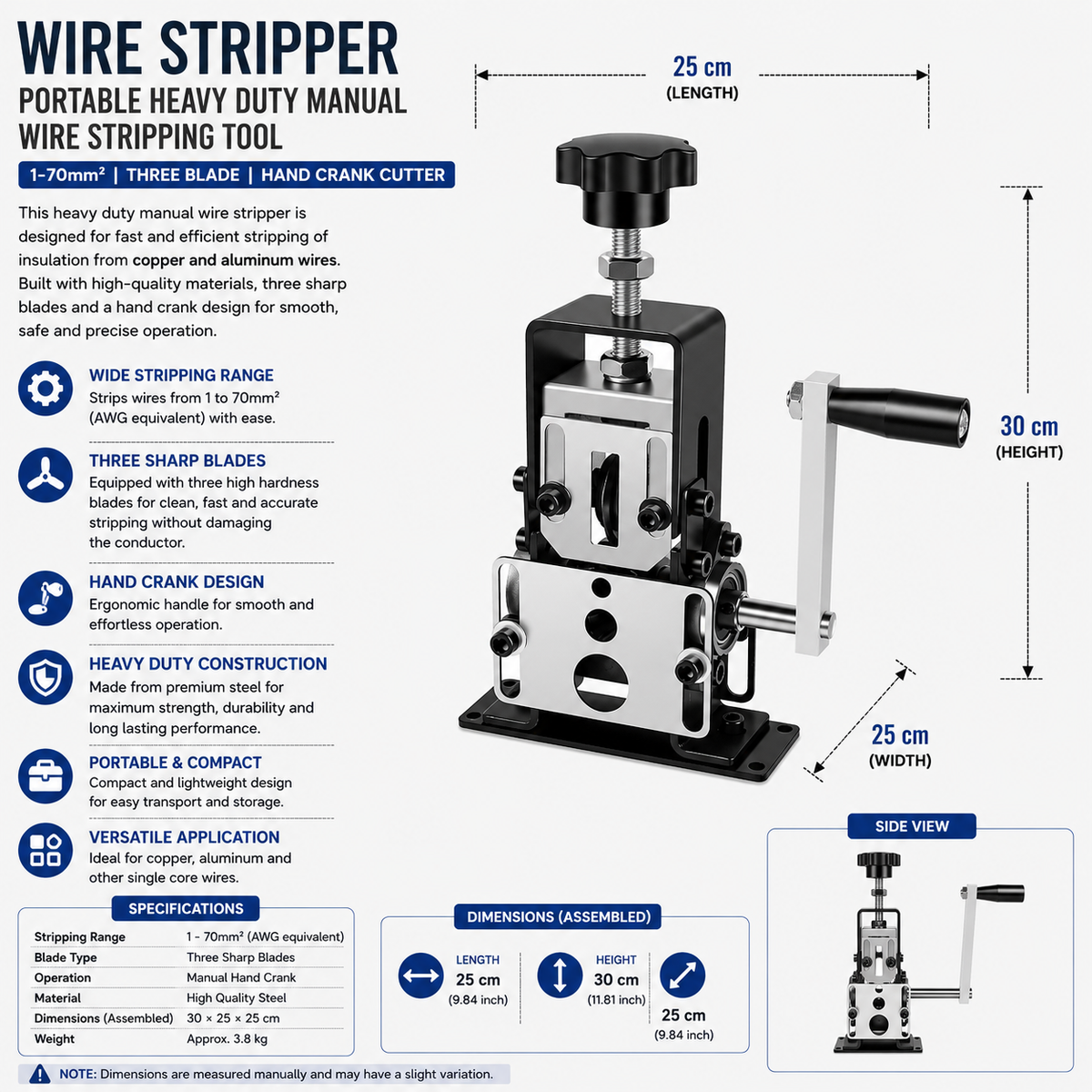 Wire Stripper Portable Heavy Duty Manual Wire Stripping Tool 1-70mm² Three Blade Hand Crank Cutter