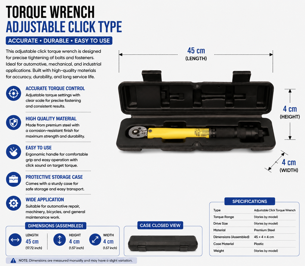 Torque Wrench Portable Heavy Duty 3/8 Inch Drive Adjustable Torque Tool 19-110N·m Professional Repair Tool