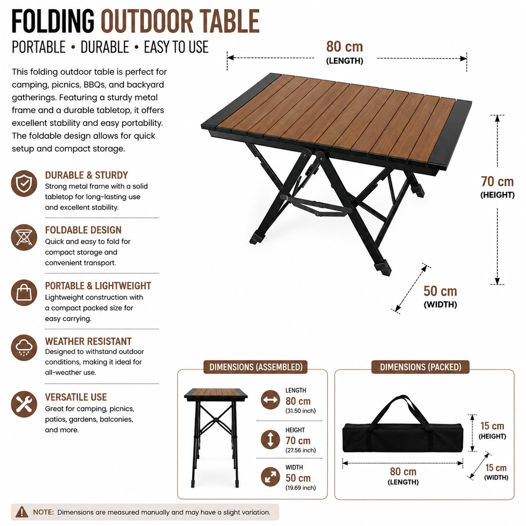 Camping Folding Table 80cm Portable Aluminum Alloy Adjustable Height Picnic Table - Brown