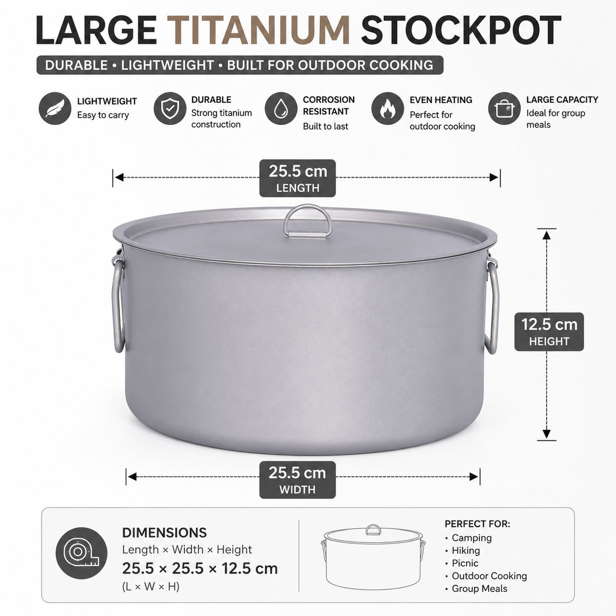 Titanium Stockpot 5L Portable Camping Soup Pot Outdoor Cookware