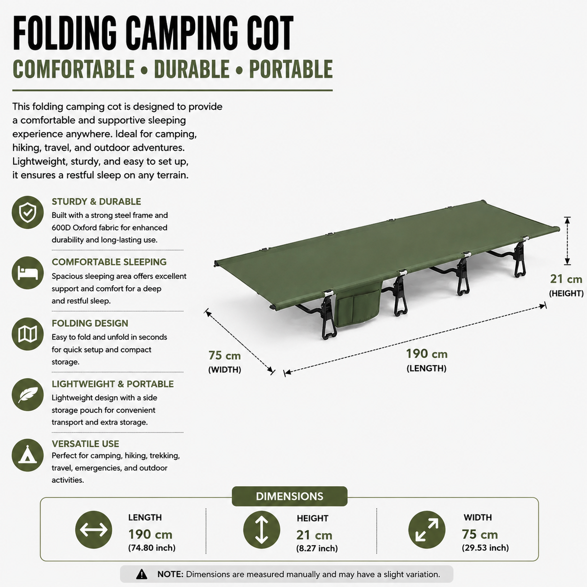 Camping Cot Foldable Ultralight Aluminum Alloy Outdoor Sleeping Bed - Black