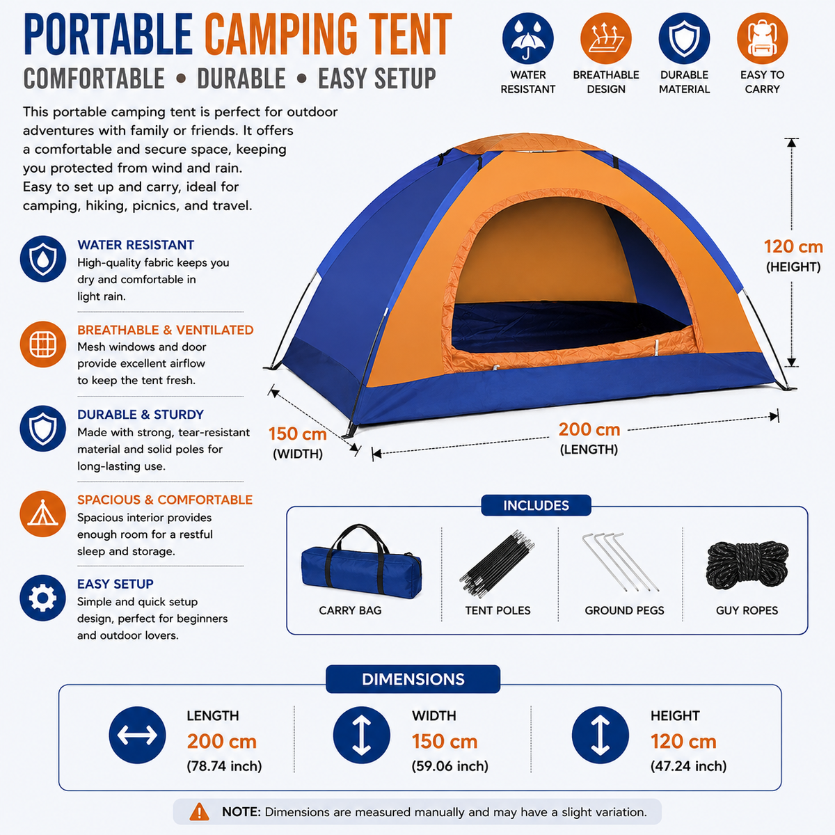 Camping Tent 2 Person Ultralight Portable Hiking Shelter - Orange