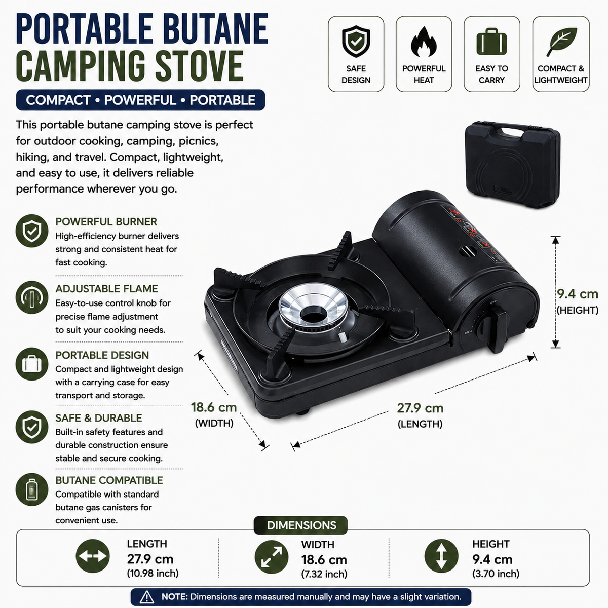 Camping Gas Stove 1.86KW Portable Wind Resistant Outdoor Cooker - Black