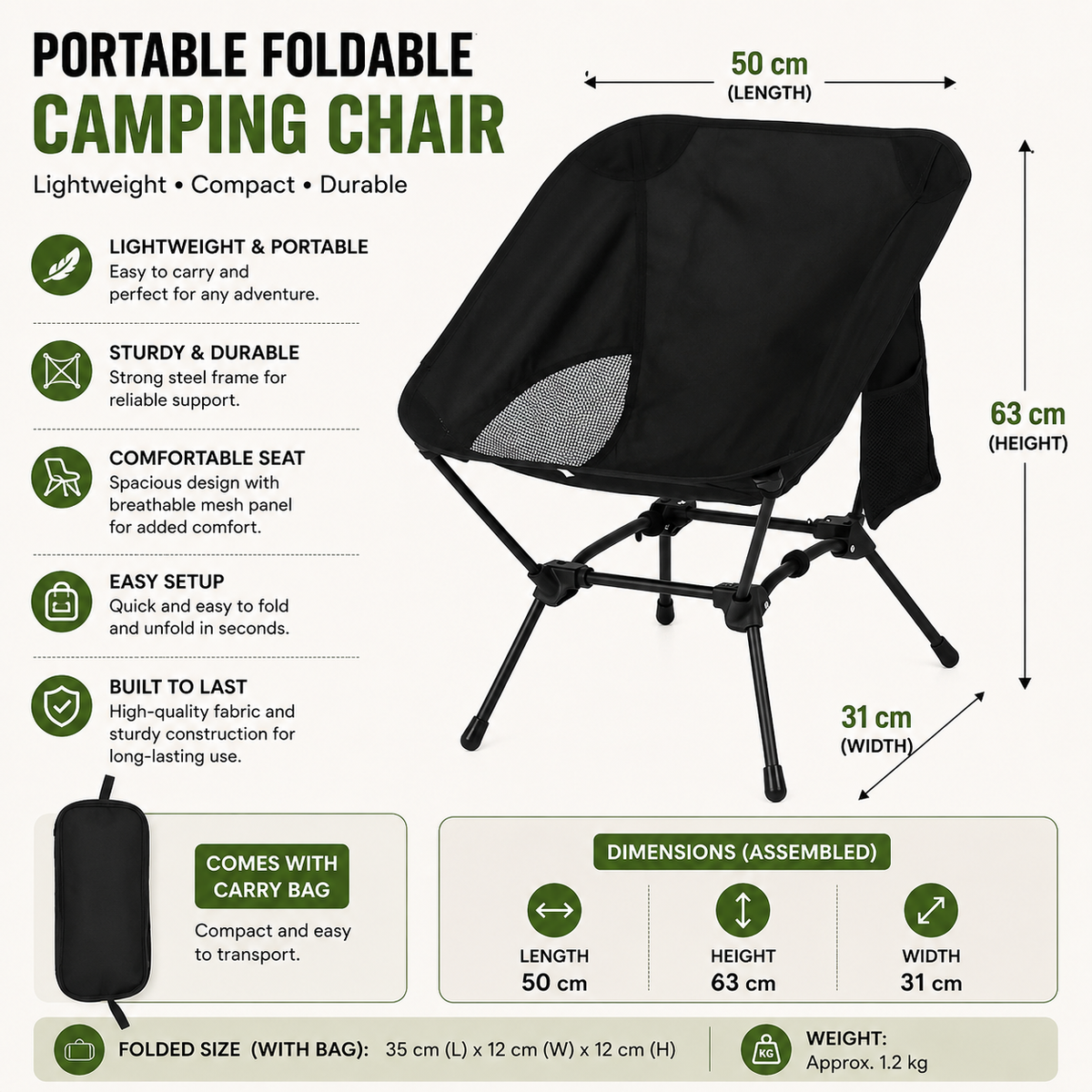 Outdoor Folding Chair Portable Beach Camping Seat with Carry Bag - Black