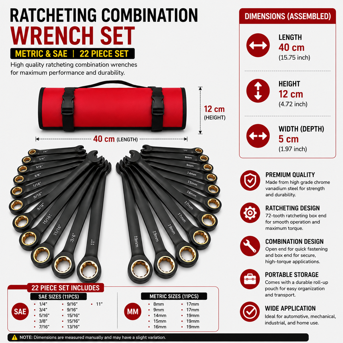Ratcheting Wrench Set 24-Piece Heavy Duty 72 Tooth CR-V Steel Metric & SAE Spanner Kit with Roll Up Pouch