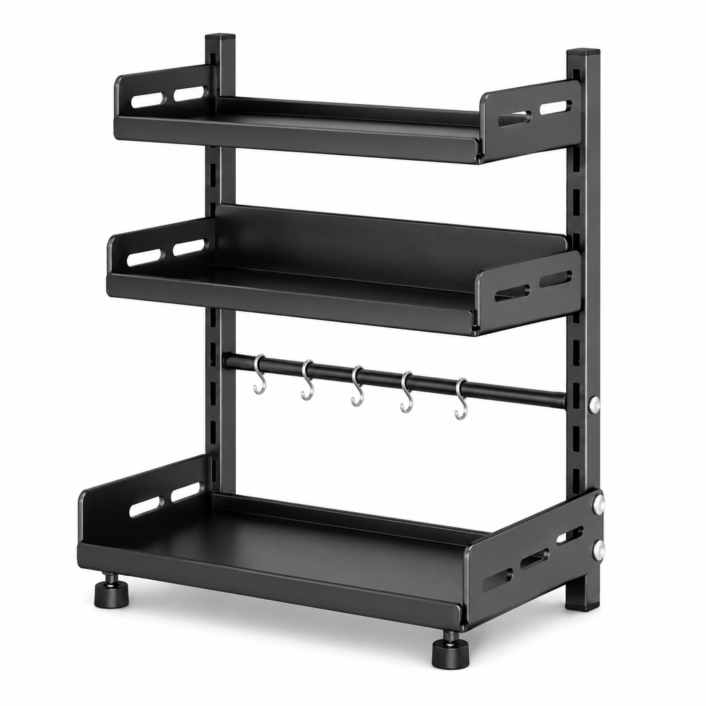 Spice Storage Rack 3 Tier Adjustable Metal Countertop Organiser with Drawer Shelf