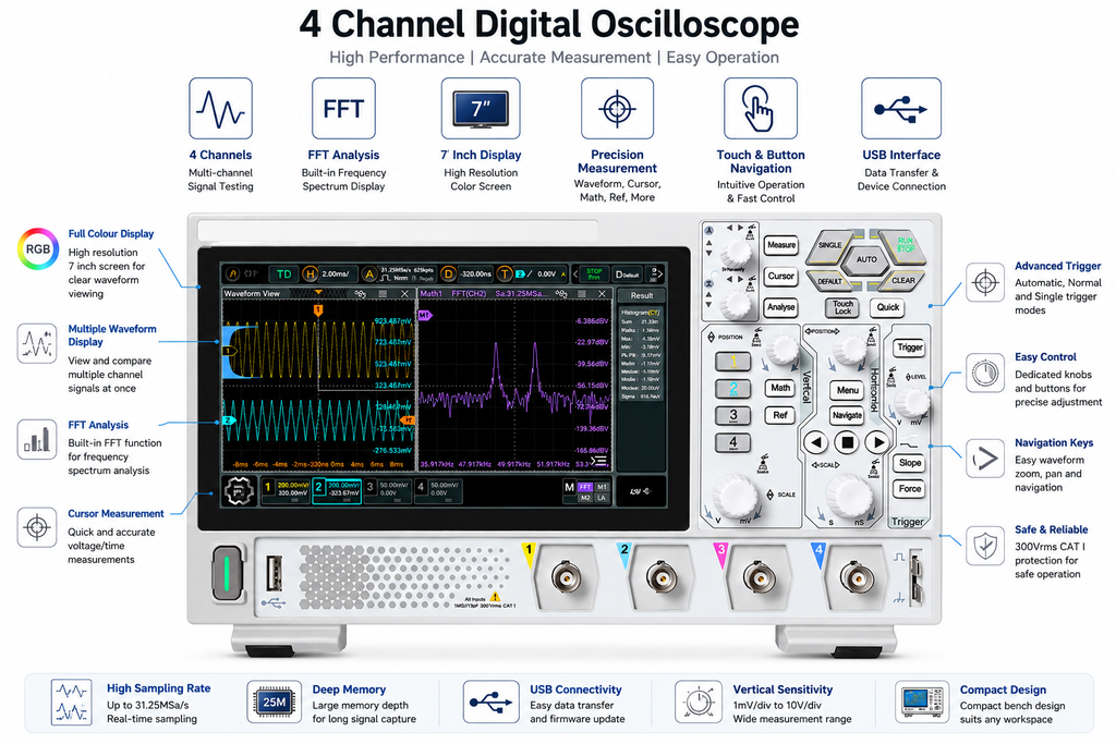 Digital Oscilloscope 100MHz 4 Channel 1.25GSa/s 25Mpts Touch Display Electrical Testing