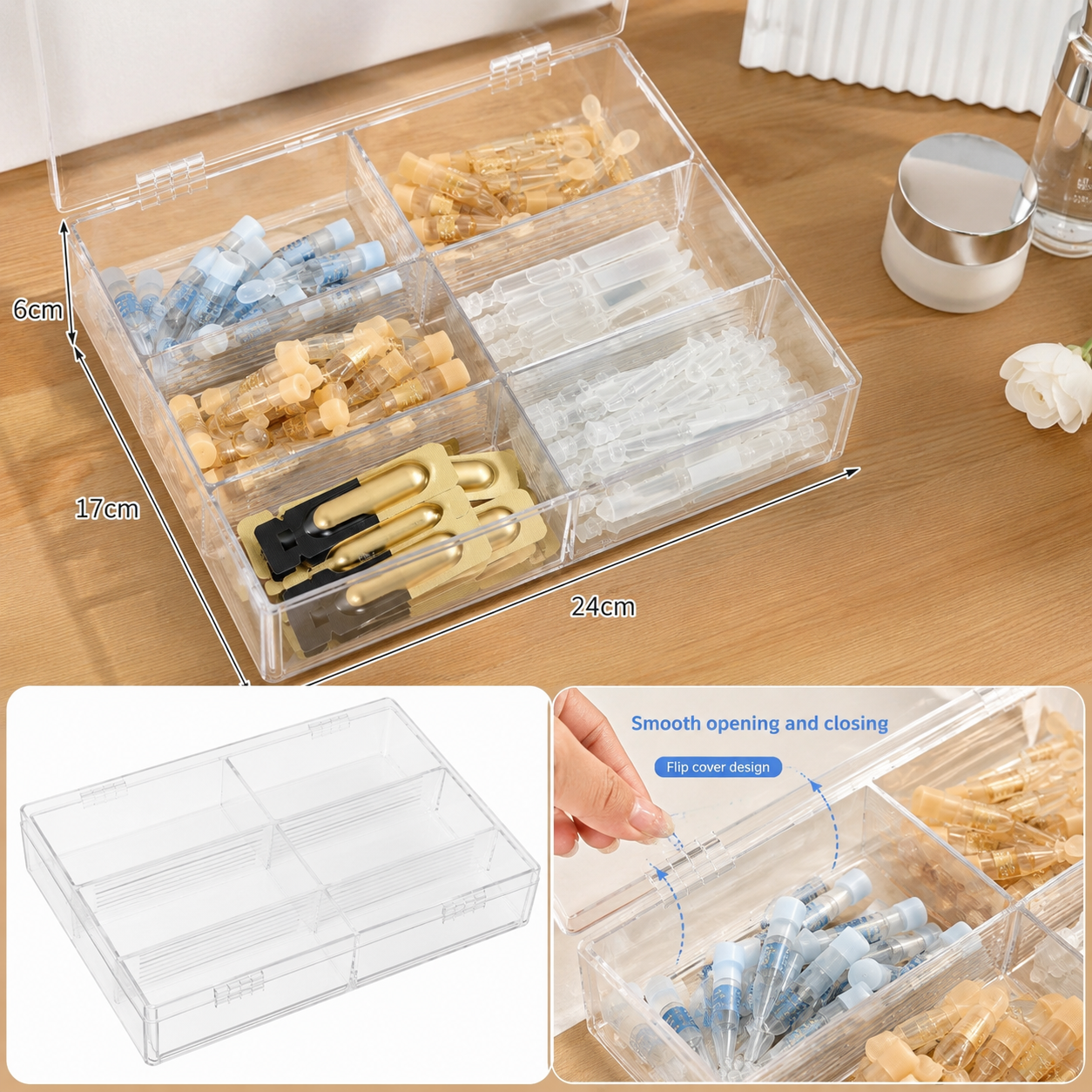 Portable Dustproof Contact Lens Storage Box Flip Cover 6 Compartment Plastic Organizer Case