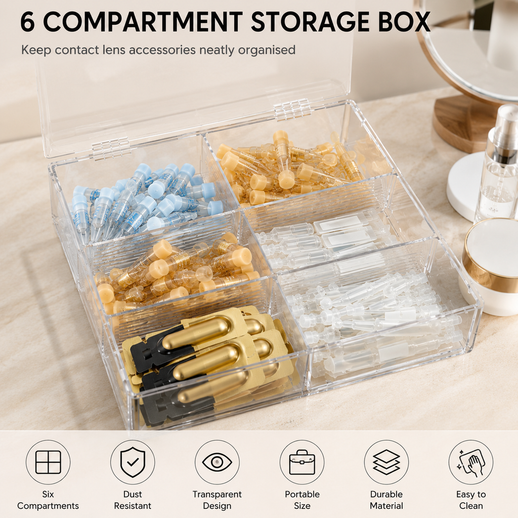 Portable Dustproof Contact Lens Storage Box Flip Cover 6 Compartment Plastic Organizer Case