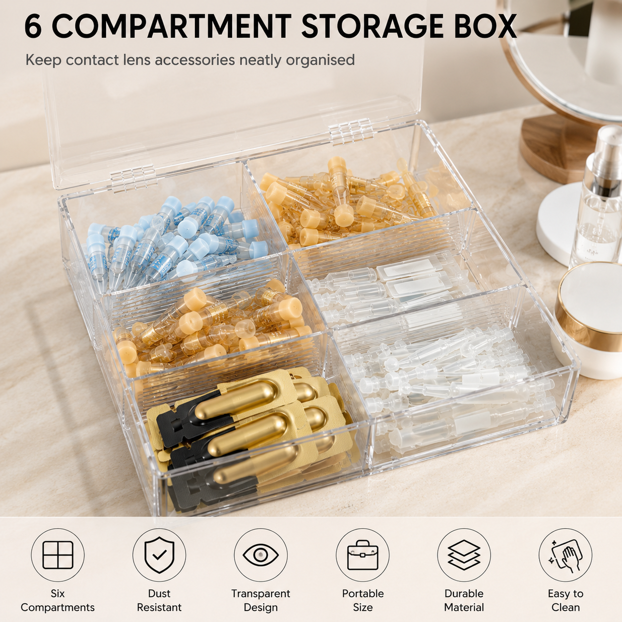 Portable Dustproof Contact Lens Storage Box Flip Cover 6 Compartment Plastic Organizer Case