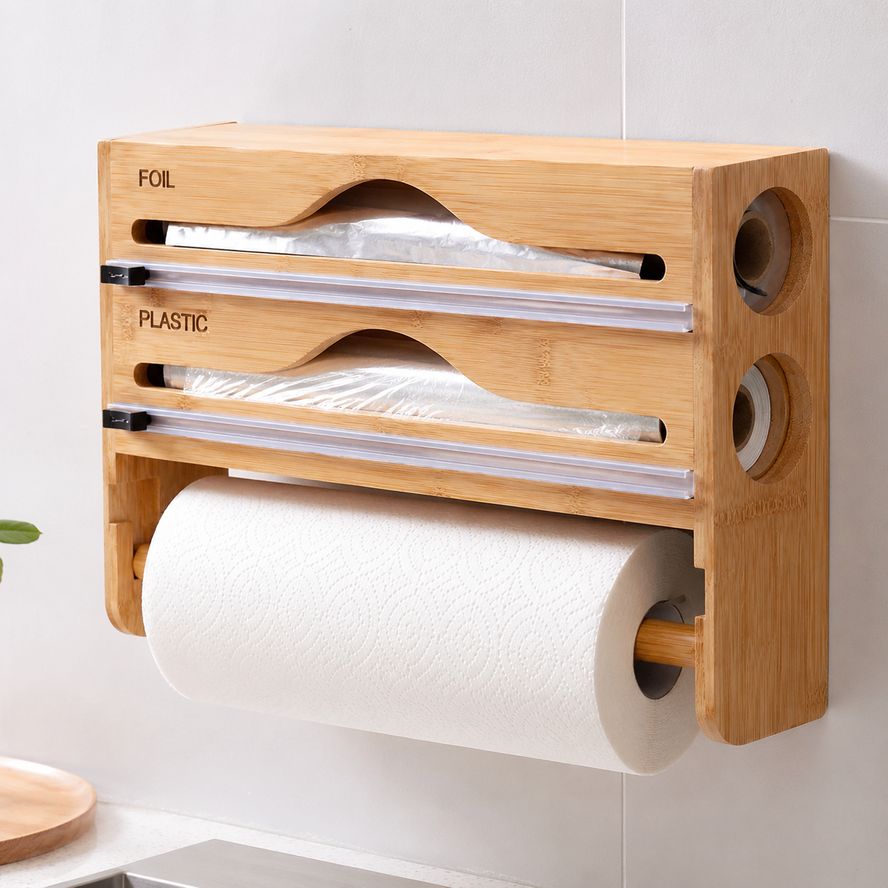 Kitchen Organizer Portable Bamboo Wrap Dispenser Cutter Box 2 Compartment Wall Mounted Storage